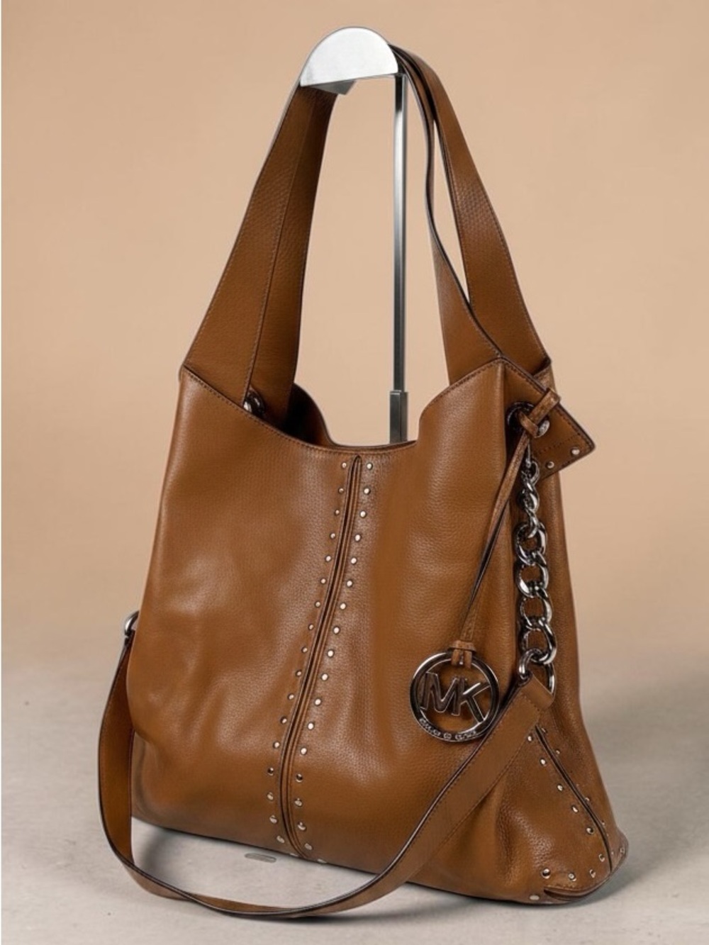 Michael Kors Brown Leather Studded Hobo Shoulder Bag MK Charm